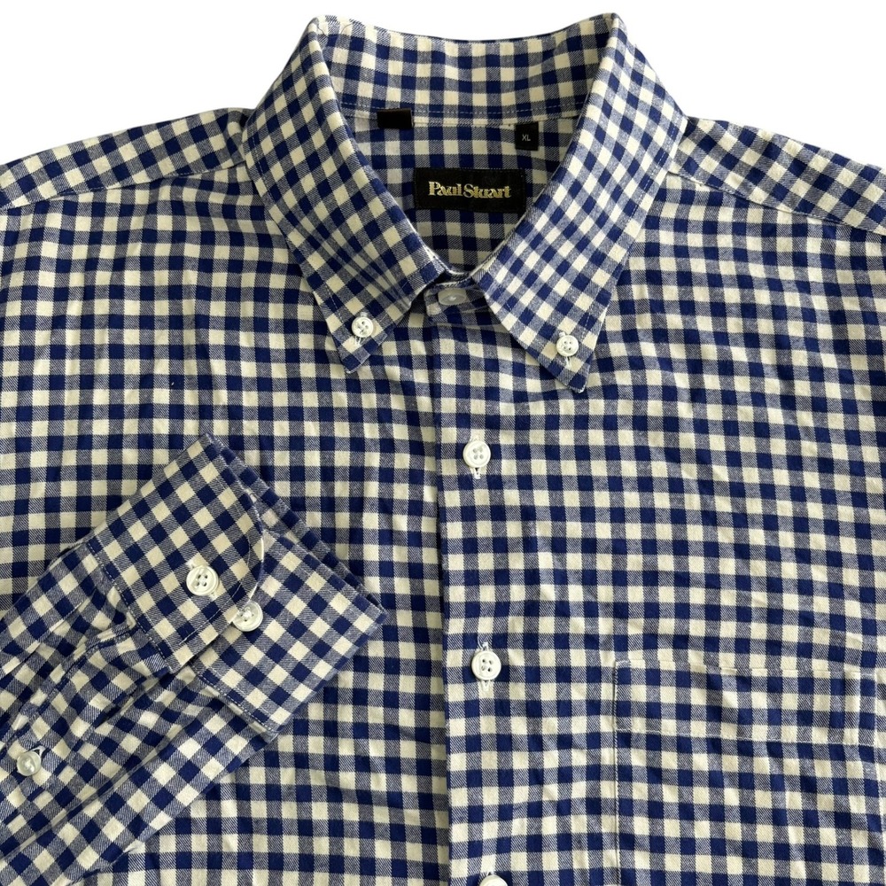 Paul Stuart Gingham Button Down Shirt Mens XL Blue White Cotton Made in Italy